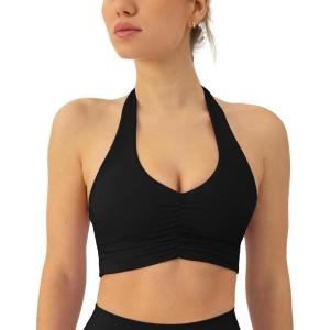 image:imagePAVOI ACTIVE Ruching Workout Halter Bra for Women  Low Support V Neck Yoga Backless Sports Bra Padded Halter Top  FlexFlowBlack