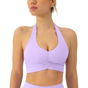 image:imagePAVOI ACTIVE Ruching Workout Halter Bra for Women  Low Support V Neck Yoga Backless Sports Bra Padded Halter Top  FlexFlowLilac