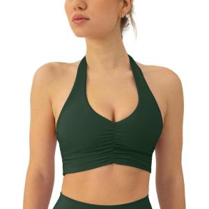 image:imagePAVOI ACTIVE Ruching Workout Halter Bra for Women  Low Support V Neck Yoga Backless Sports Bra Padded Halter Top  FlexFlowPine Green