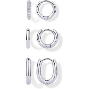 image:imagePAVOI Waterproof Huggie Hoop Earrings Set for Women  Stainless Steel Pack of 3 with Cubic Zirconia  Huggie Hoops Luxe Styles  Trendy Fashion Piercing JewelryWhite Gold