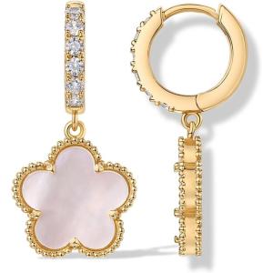 image:imagePAVOI 14K Gold Plated Clover Earrings for Women  Clover Stud Earrings Mother of Pearl amp Onyx Gemstone  Lucky Flower Design Huggie Hoop Trendy JewelryYellow Gold