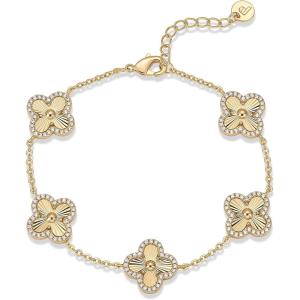 image:imagePAVOI 14K Gold Plated Bracelet for Women  Lucky Charm Four Leaf Clover Bracelet Station with Cubic Zirconia  Hypoallergenic Trendy Fashion Stackable Clover JewelryYellow Gold