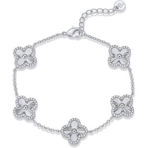 image:imagePAVOI 14K Gold Plated Bracelet for Women  Lucky Charm Four Leaf Clover Bracelet Station with Cubic Zirconia  Hypoallergenic Trendy Fashion Stackable Clover JewelryWhite Gold